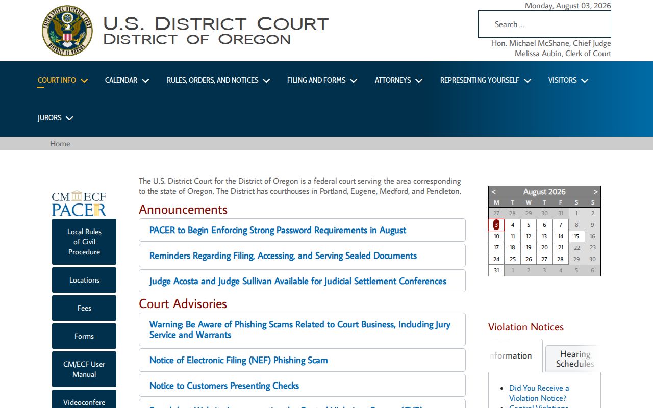 Jefferson County Metolius criminal history image of the District of Oregon federal court